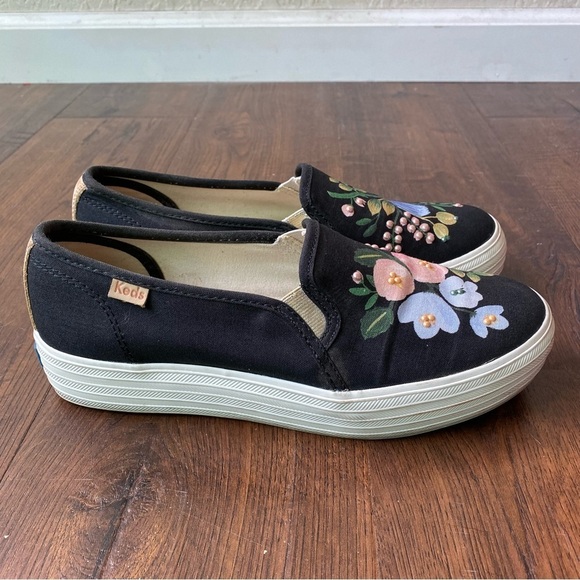 Rifle Paper Co. X Keds Floral Beaded Platform Slip On Black Sneakers SZ 6 - Picture 7 of 15